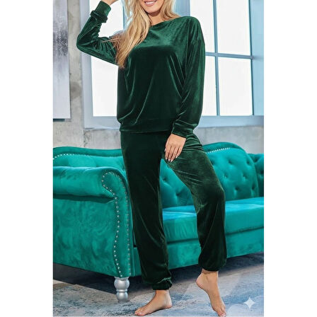 Lucky Life Kadın Uzun Kollu Yuvarlak Yakalı Kadife Bluz Ve Pantolon Takım