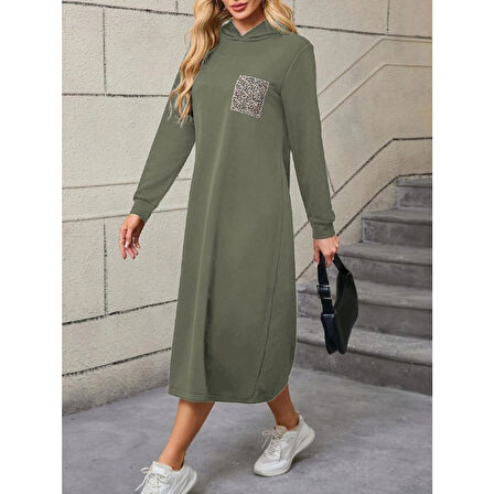 Lucky Life Kadın Uzun Kollu Kapşonlu Cep Detaylı Viskon Iki Iplik Maxi Elbise