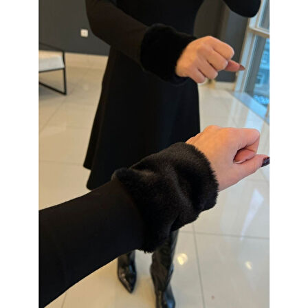 Lucky Life Kadın Uzun Kollu Kürk Yakalı Fermuarlı Kısa Viskon Iki Iplik Elbise