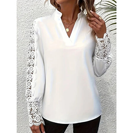 Lucky Life Kadın Uzun Kollu Hakim Yaka Kolları Dantel Detaylı Ithal Krep Bluz