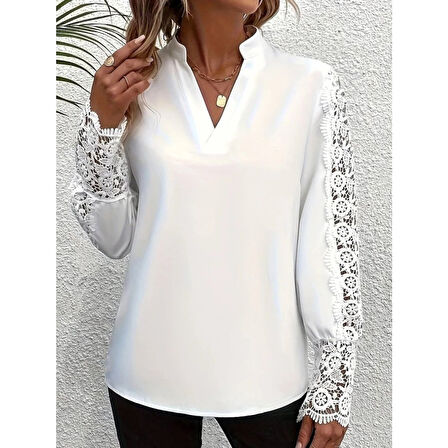 Lucky Life Kadın Uzun Kollu Hakim Yaka Kolları Dantel Detaylı Ithal Krep Bluz