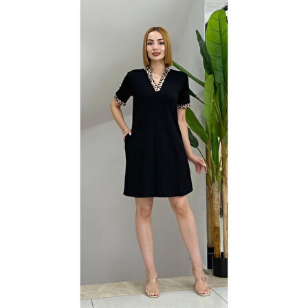 Lucky Life Kadın Kısa Kollu V Yakalı Leopar Desen Detaylı Modal Elbise