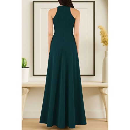 Lucky Life Kadın Kolsuz Halter Yaka Derin Yırtmaç Detaylı Tam Boy Ithal Krep Elbise