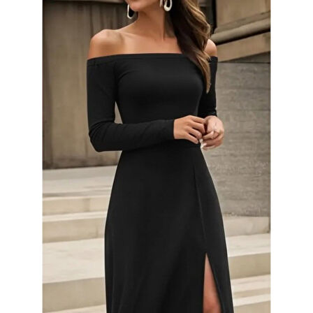 Lucky Life Lucky Life Kadın Uzun Kollu Madonna Yakalı Yırtmaç Detaylı Uzun Ithal Krep Elbise