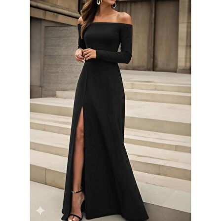 Lucky Life Lucky Life Kadın Uzun Kollu Madonna Yakalı Yırtmaç Detaylı Uzun Ithal Krep Elbise