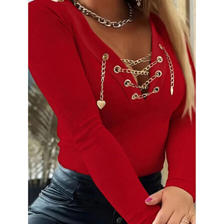 Lucky Life Lucky Life Kadın Uzun Kollu V çapraz Zincir Detaylı Kaşkorse Bluz