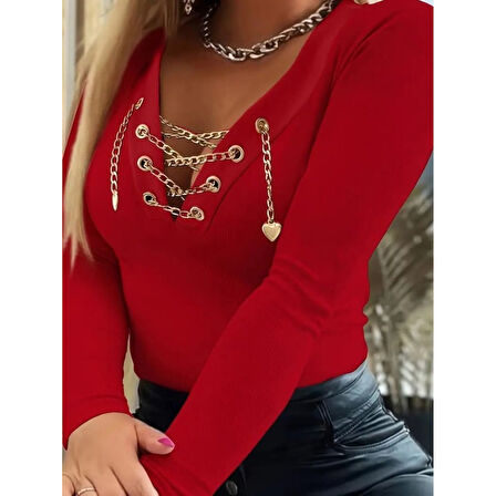 Lucky Life Lucky Life Kadın Uzun Kollu V çapraz Zincir Detaylı Kaşkorse Bluz