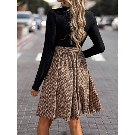 Lucky Life Lucky Life Kadın Uzun Kollu Yuvarlak Yaka üst Viskon Alt Süprem Midi Elbise