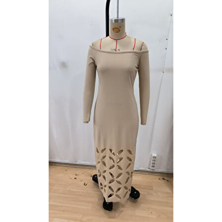 Lucky Life Kadın Madonna Yaka Uzun Kollu Lazer çiçek Kesim Detaylı Uzun Ithal Krep Elbise