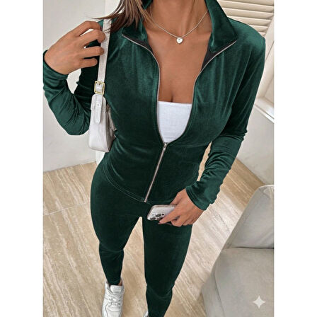 Lucky Life Kadın Uzun Kollu önden Fermuarlı Kadife Bluz Ve Pantolon Ikili Takım