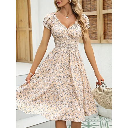 Lucky Life Kadın Kısa Kollu Kruvaze Yaka Lastikli Belden Gipeli çiçek Desenli Suprem Elbise