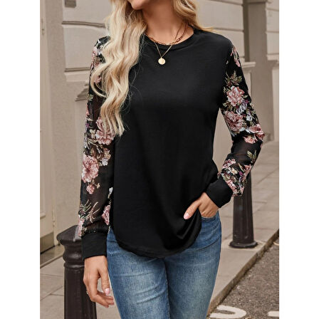 Lucky Life Kadın Uzun Kollu Bisiklet Yakalı Kolun çiçek Desenli Viskon Iki Iplik Bluz