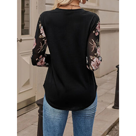 Lucky Life Kadın Uzun Kollu Bisiklet Yakalı Kolun çiçek Desenli Viskon Iki Iplik Bluz