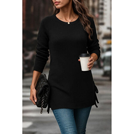 Lucky Life Kadın Uzun Kollu Yuvarlak Yakalı Yanlardan Bağcıklı Triko Bluz