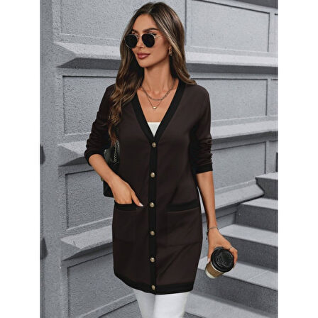 Lucky Life Kadın Uzun Kollu Cepli önden Düğmeli Uzun Modal Ceket