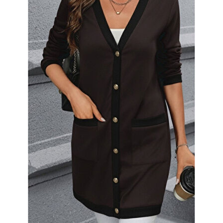 Lucky Life Kadın Uzun Kollu Cepli önden Düğmeli Uzun Modal Ceket