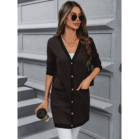 Lucky Life Kadın Uzun Kollu Cepli önden Düğmeli Uzun Modal Ceket