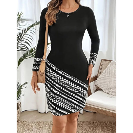 LUCKY LİFE Kadın Uzun Kollu Bisiklet Yaka Desenli Dalgıç Elbise