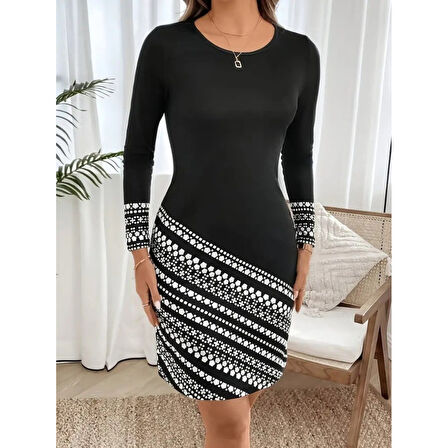 LUCKY LİFE Kadın Uzun Kollu Bisiklet Yaka Desenli Dalgıç Elbise