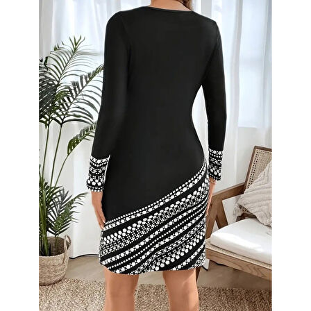 LUCKY LİFE Kadın Uzun Kollu Bisiklet Yaka Desenli Dalgıç Elbise