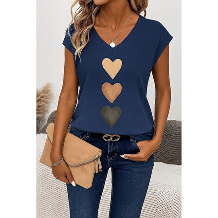 Lucky Life Kadın Kısa Kollu V Yakalı Kalp Desen Viskon Bluz