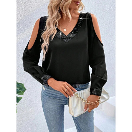 Lucky Life Kadın Uzun Kollu V Yakalı Omuzlardan Açık Sandy Bluz