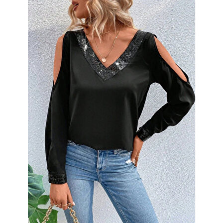 Lucky Life Kadın Uzun Kollu V Yakalı Omuzlardan Açık Sandy Bluz