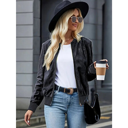 Lucky Life Kadın Uzun Kollu önden Fermuarlı Süet Ceket