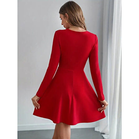 LUCKY LİFE Kadın Uzun Kollu Inci Yakalı Kısa Ithal Krep Elbise