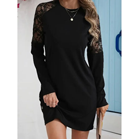 Lucky Life Lucky Life Kadın Uzun Kollu Bisiklet Yaka Dantel Detaylı Visk8n Iki Iplik Düğmeli Mini Elbise