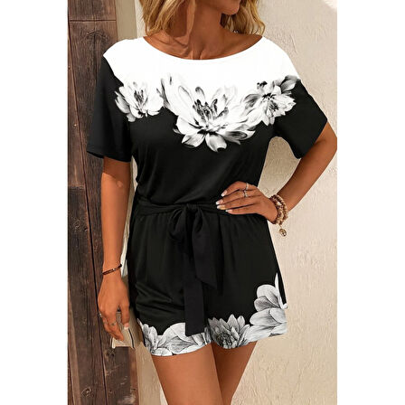 Lucky Life Kadın Tek Omuzu Açık çiçek Desenli Beli Kuşaklı Iki Iplik Mini Short Tulum