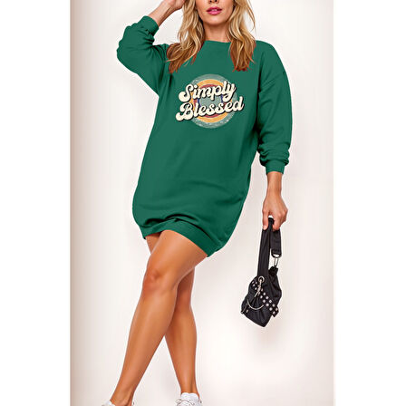 Lucky Life Kadın Uzun Kollu Bisiklet Yaka Yazılı Viskon Iki Iplik Elbise