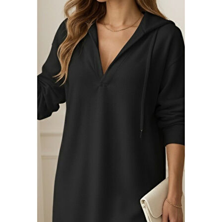 Lucky Life Kadın Uzun Kollu Kapüşonlu Yakası Açık Modal Elbise