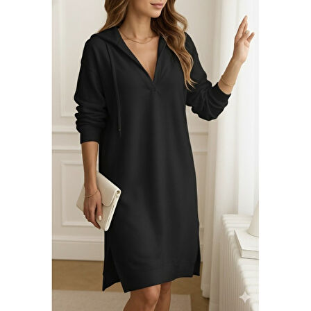 Lucky Life Kadın Uzun Kollu Kapüşonlu Yakası Açık Modal Elbise