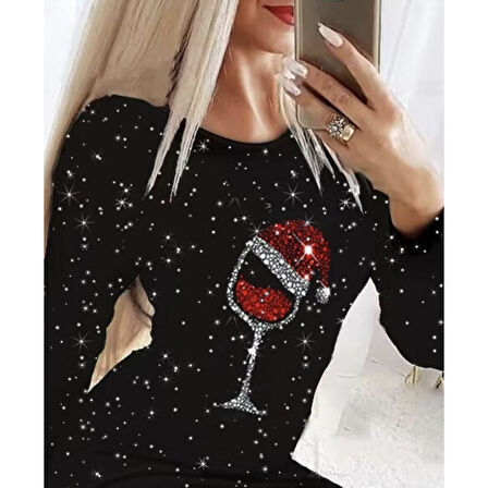 Lucky Life Kadın Uzun Kollu Taş Kadeh Baskı Dalgıç Mini Boy Elbise