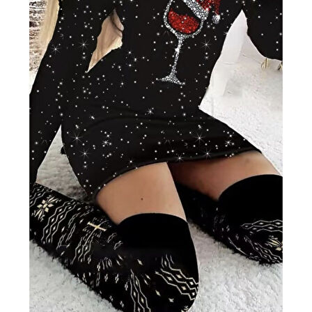 Lucky Life Kadın Uzun Kollu Taş Kadeh Baskı Dalgıç Mini Boy Elbise