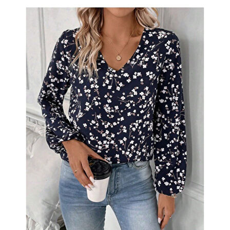 Lucky Life Lucky Life Kadın Uzun Kollu V Yakalı çiçek Desenli Modal Bluz