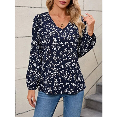 Lucky Life Lucky Life Kadın Uzun Kollu V Yakalı çiçek Desenli Modal Bluz