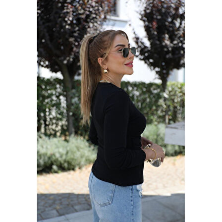 Lucky Life Kadın Uzun Kollu Kruvaze Yakalı Toka Detaylı Viskon Bluz