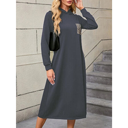 Lucky Life Kadın Uzun Kollu Kapşonlu Cep Detaylı Viskon Iki Iplik Maxi Elbise