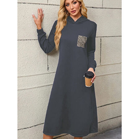 Lucky Life Kadın Uzun Kollu Kapşonlu Cep Detaylı Viskon Iki Iplik Maxi Elbise