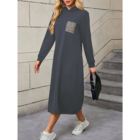 Lucky Life Kadın Uzun Kollu Kapşonlu Cep Detaylı Viskon Iki Iplik Maxi Elbise