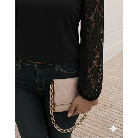 Lucky Life Kadın Uzun Kollu Asimetrik Yakalı Dantelli Ithal Krep Bluz