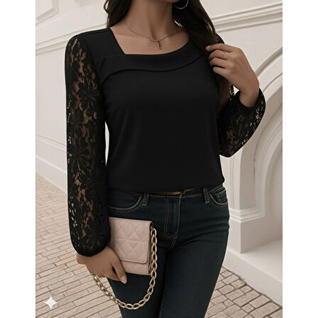 Lucky Life Kadın Uzun Kollu Asimetrik Yakalı Dantelli Ithal Krep Bluz