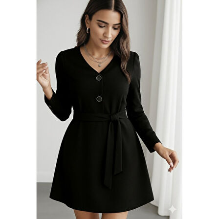 Lucky Life Kadın Uzun Kollu Düğme Detaylı Kendinden Kemerli Ithal Krep Elbise