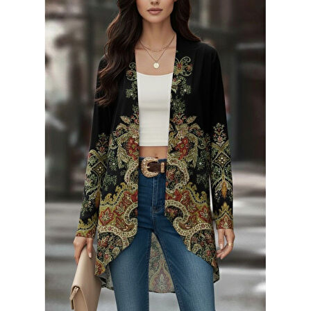 Lucky Life Kadın Uzun Kollu önü Açık Desenli şardonlu Dalgıç Ceket