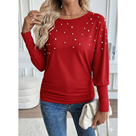 Lucky Life Kadın Uzun Kollu Yuvarlak Yaka Incili Viskon Bluz