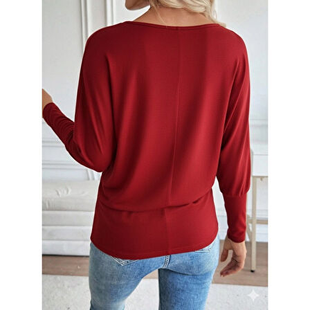 Lucky Life Kadın Uzun Kollu Yuvarlak Yaka Incili Viskon Bluz