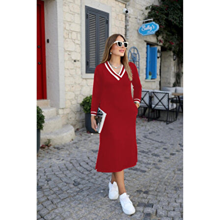 Lucky Life Kadın Uzun Kollu V Yakalı Yandan Yırtmaçlı Iki Iplik Midi Elbise