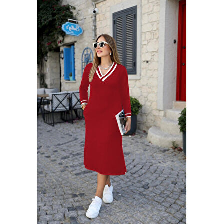 Lucky Life Kadın Uzun Kollu V Yakalı Yandan Yırtmaçlı Iki Iplik Midi Elbise